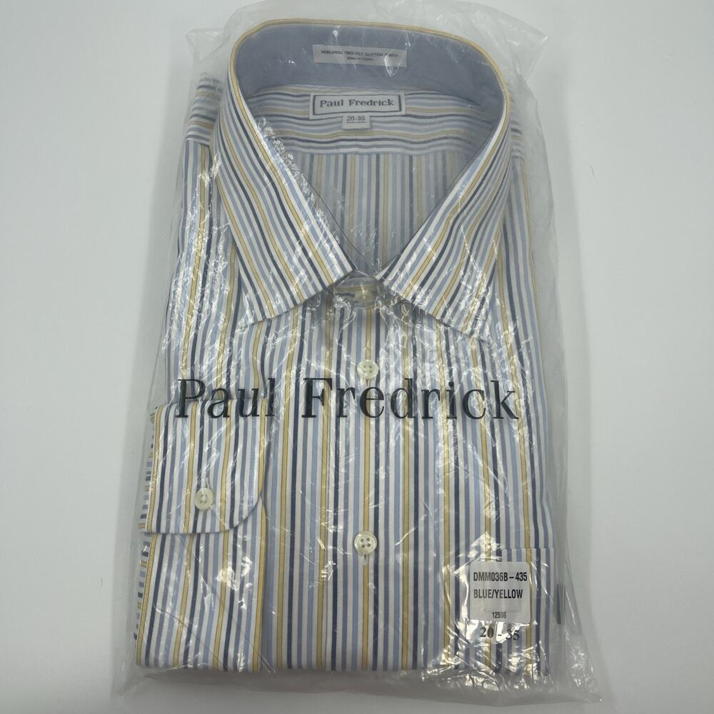 Paul Fredrick Men’s Dress Shirt 20-35 Blue Yellow Stripe Classic Fit Non-Iron